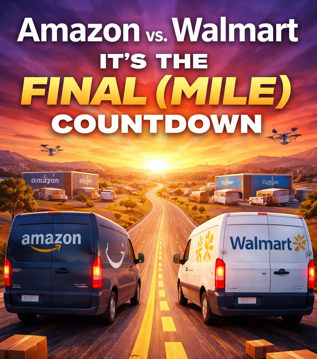 Amazon and Walmart delivery vans side by side on a road at sunset under the title “Amazon vs. Walmart: It’s the Final (Mile) Countdown”.