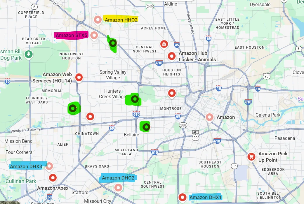 Map of Houston showing Amazon’s separate delivery facilities, color-coded by delivery network