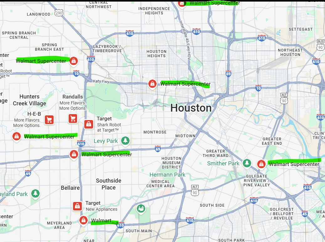 Map of Houston showing Walmart store locations