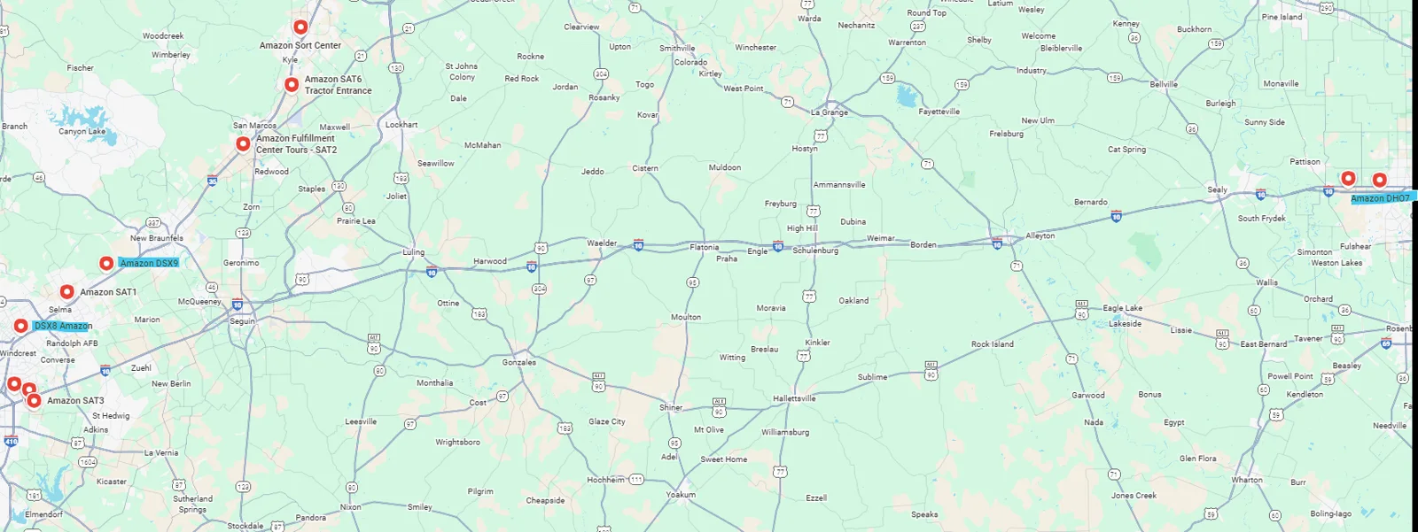 Map of the I-10 corridor west of Houston showing Amazon’s sparse delivery facilities