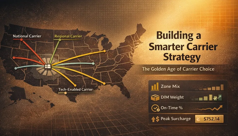 Stylized U.S. map with national, regional, and tech-enabled carrier routes and shipping metrics.