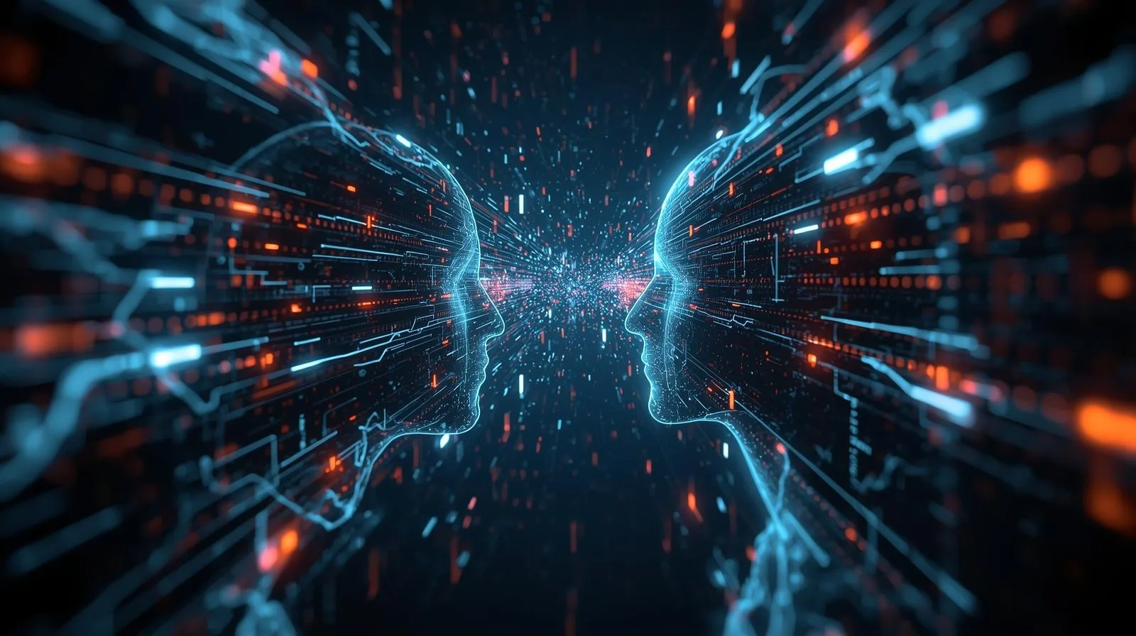 Abstract digital illustration of two wireframe profiles facing each other in a stream of data.