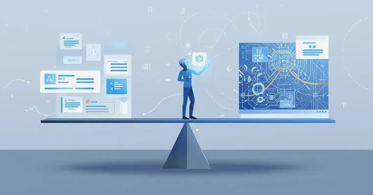Illustration of a figure balancing on a scale between AI tools and operational data.