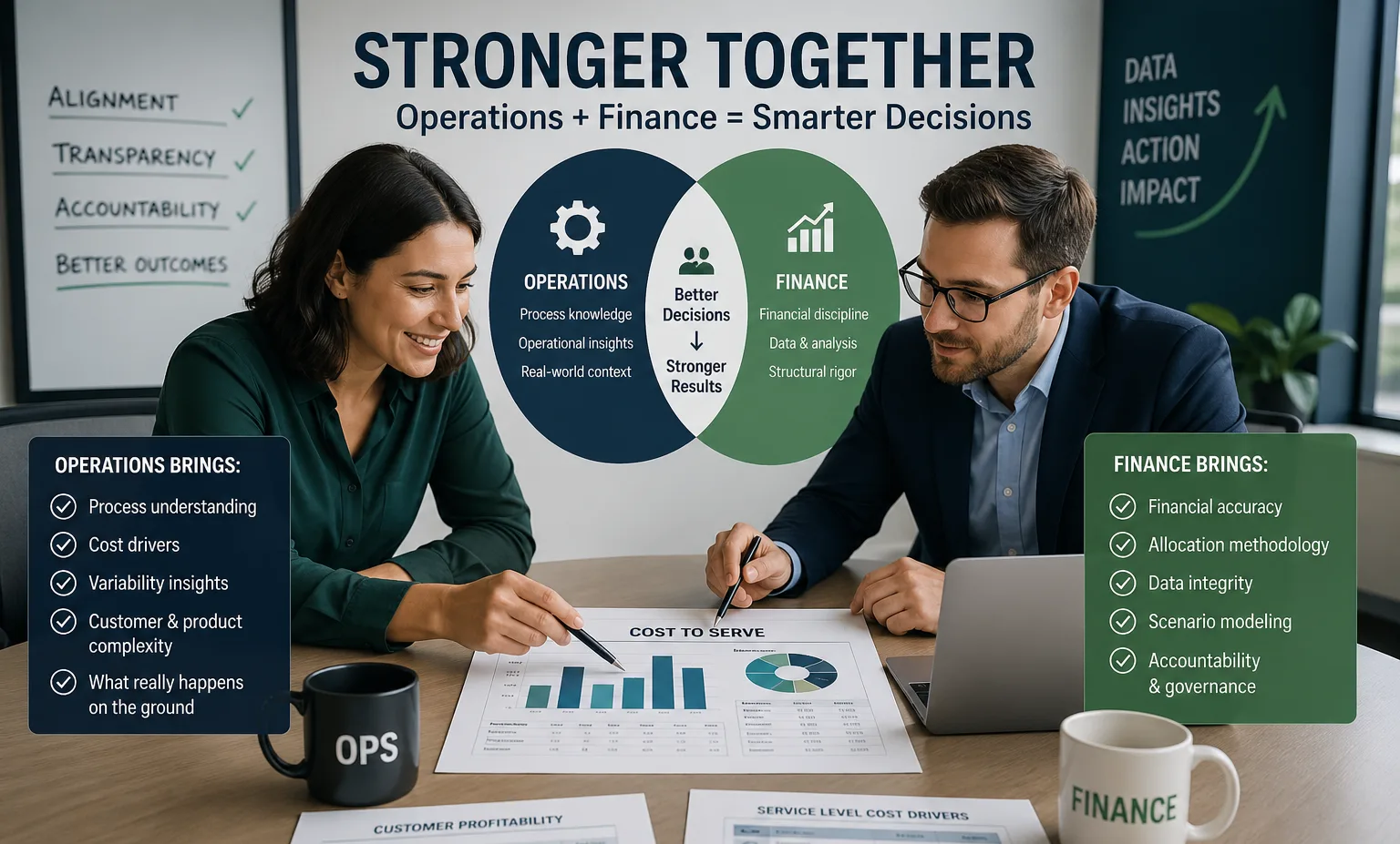 Operations and finance leaders reviewing a cost-to-serve report together under the heading “Stronger Together: Operations + Finance = Smarter Decisions”.